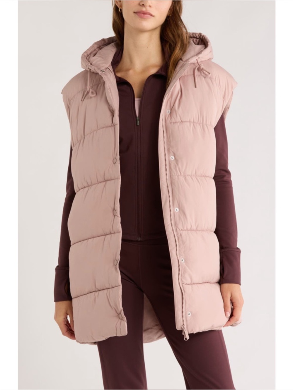 NWOT Zella Long Sleeveless Hooded Puffer Vest in Pink Fawn